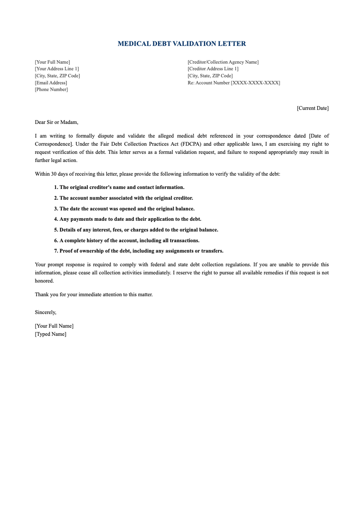 Medical debt validation letter template with placeholder fields and legal request details_variant_2